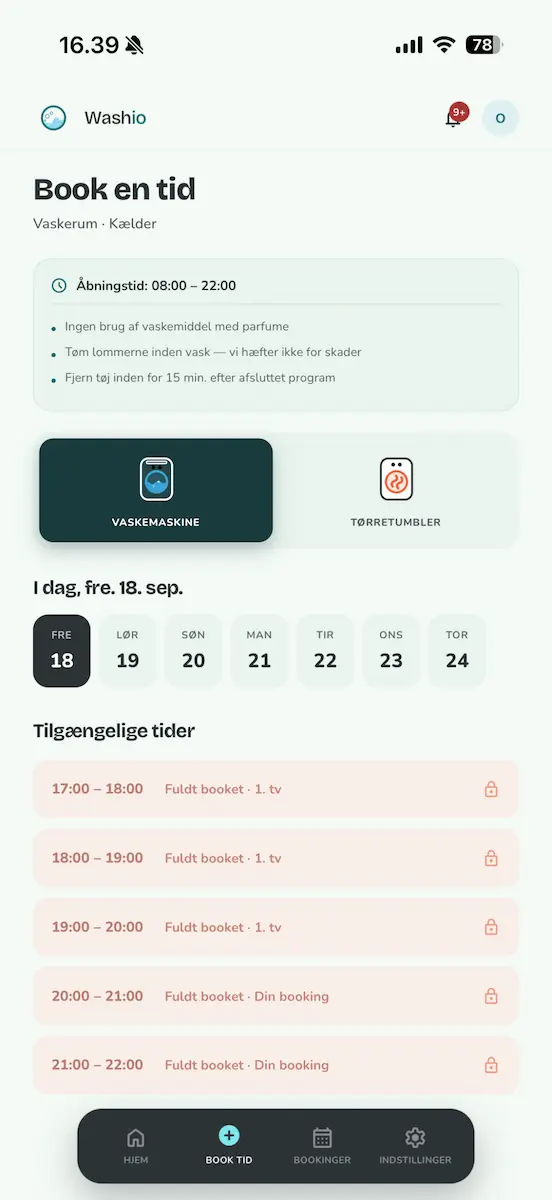 Book en tid i Washio: ledige og optagne tider i fællesvaskeriet