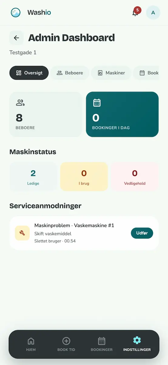 Washios administration for bestyrelsen: beboere, maskiner, bookinger, regler og åbningstider